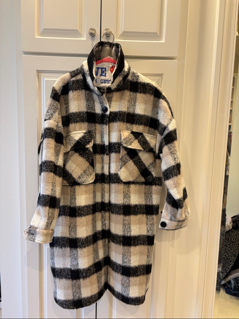 RD Style Black and Cream Plaid Wool Blend Long Jacket Coat